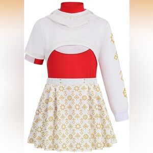 IBQ Kids Costume Set for Cheerleader Girls White and Red Dress with Gold Accents